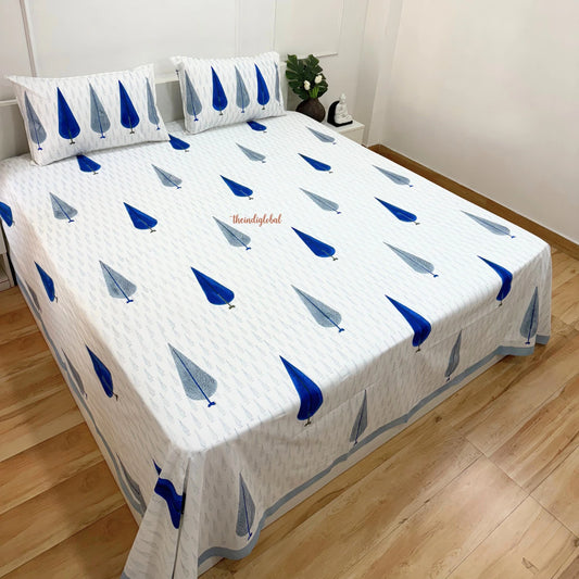 Ramya Hand Block Soft Cotton Bedsheet Blue Pankhudi