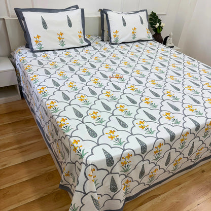 Ramya Hand Block Soft Cotton Bedsheet with 2 Pillow Covers Grey