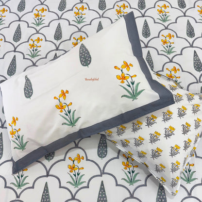 Ramya Hand Block Soft Cotton Bedsheet with 2 Pillow Covers Grey