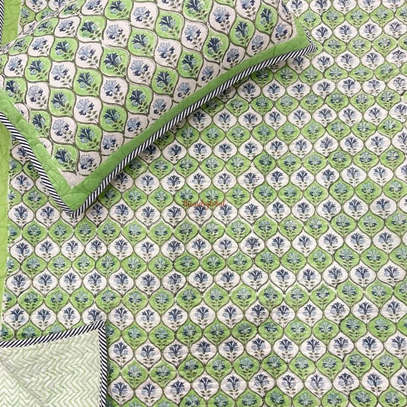 Rang Reversible HandBlock Printed Quilted Cotton Bedcover with Two Pillow Covers green