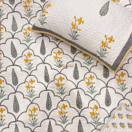 Rang Reversible Hand Block Printed Quilted Cotton Bedcover with Two Pillow Covers Grey