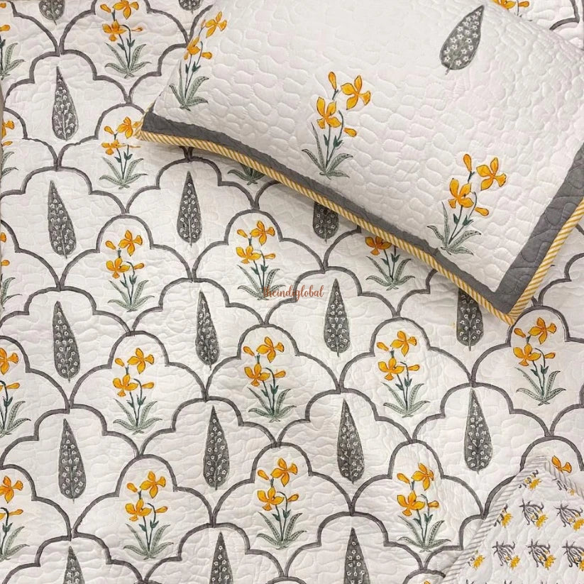 Rang Reversible HandBlock Printed Quilted Cotton Bedcover with Two Pillow Covers grey