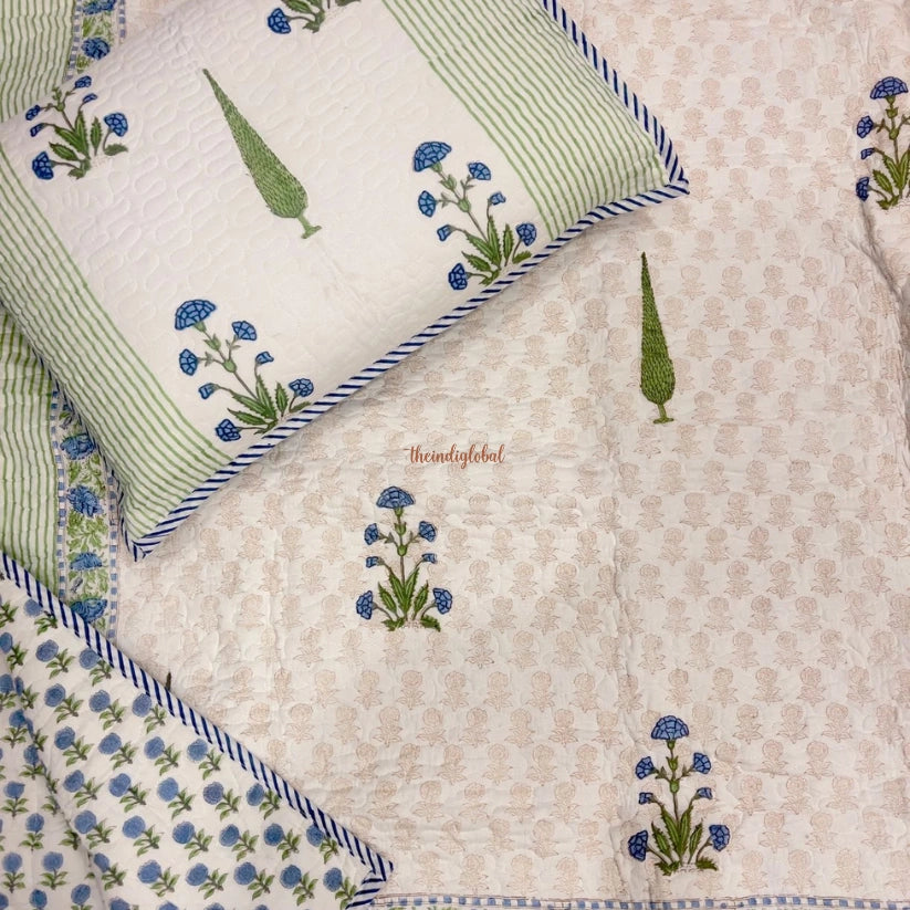 Rang Reversible HandBlock Printed Quilted Cotton Bedcover with Two Pillow Covers lavender green