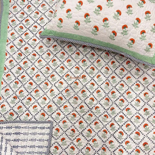 Rang Reversible Hand Block Printed Quilted Cotton Bedcover with Two Pillow Covers Orange