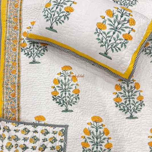 Rang Reversible Hand Block Printed Quilted Cotton Bedcover with Two Pillow Covers Yellow
