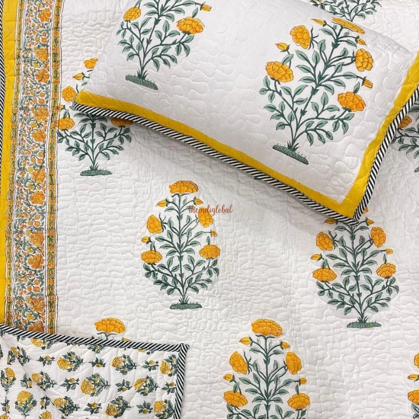 Rang Reversible HandBlock Printed Quilted Cotton Bedcover with Two Pillow Covers yellow