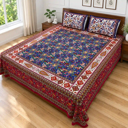 Red Blue Hand Block_Print_Cotton_Bedsheet_with_Two_Pillow_Covers3