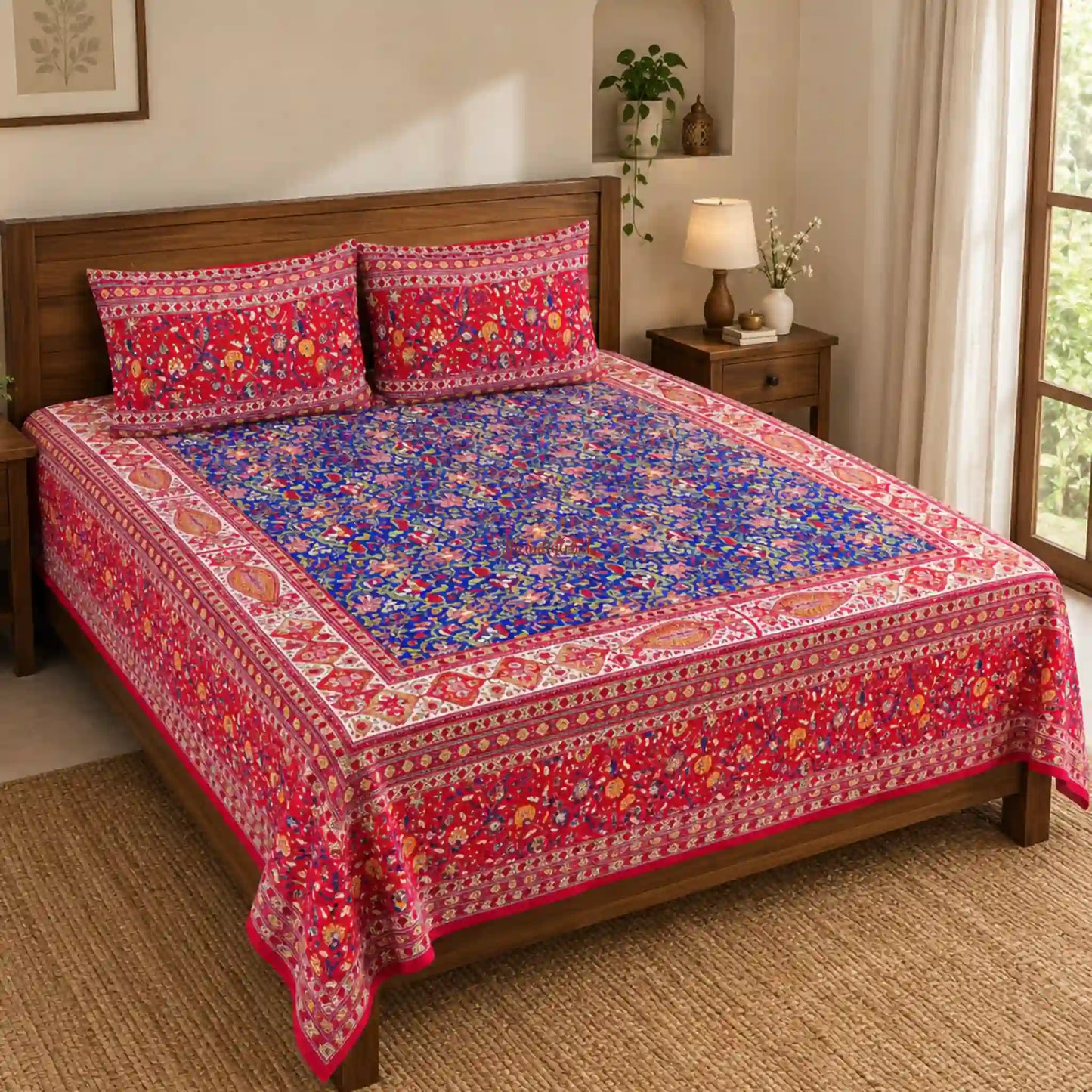 Red_Blue_Hand_Block_Print_Cotton_Bedsheet_with_Two_Pillow_Covers_