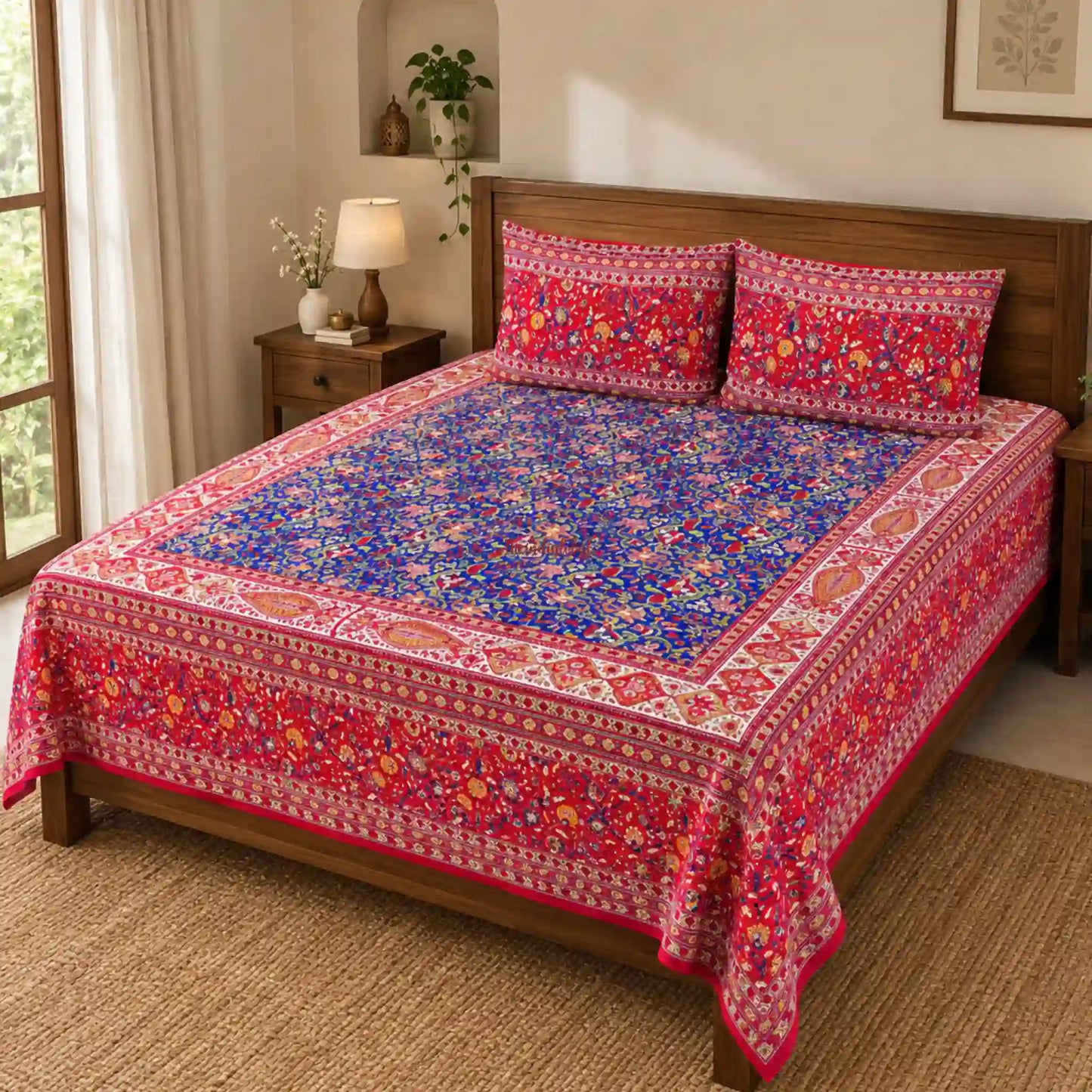 Red_Blue_Hand_Block_Print_Cotton_Bedsheet_with_Two_Pillow_Covers_1