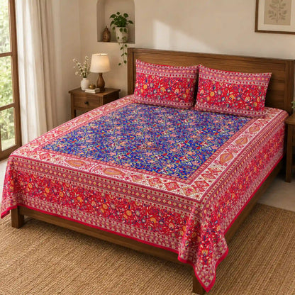 Red_Blue_Hand_Block_Print_Cotton_Bedsheet_with_Two_Pillow_Covers_1