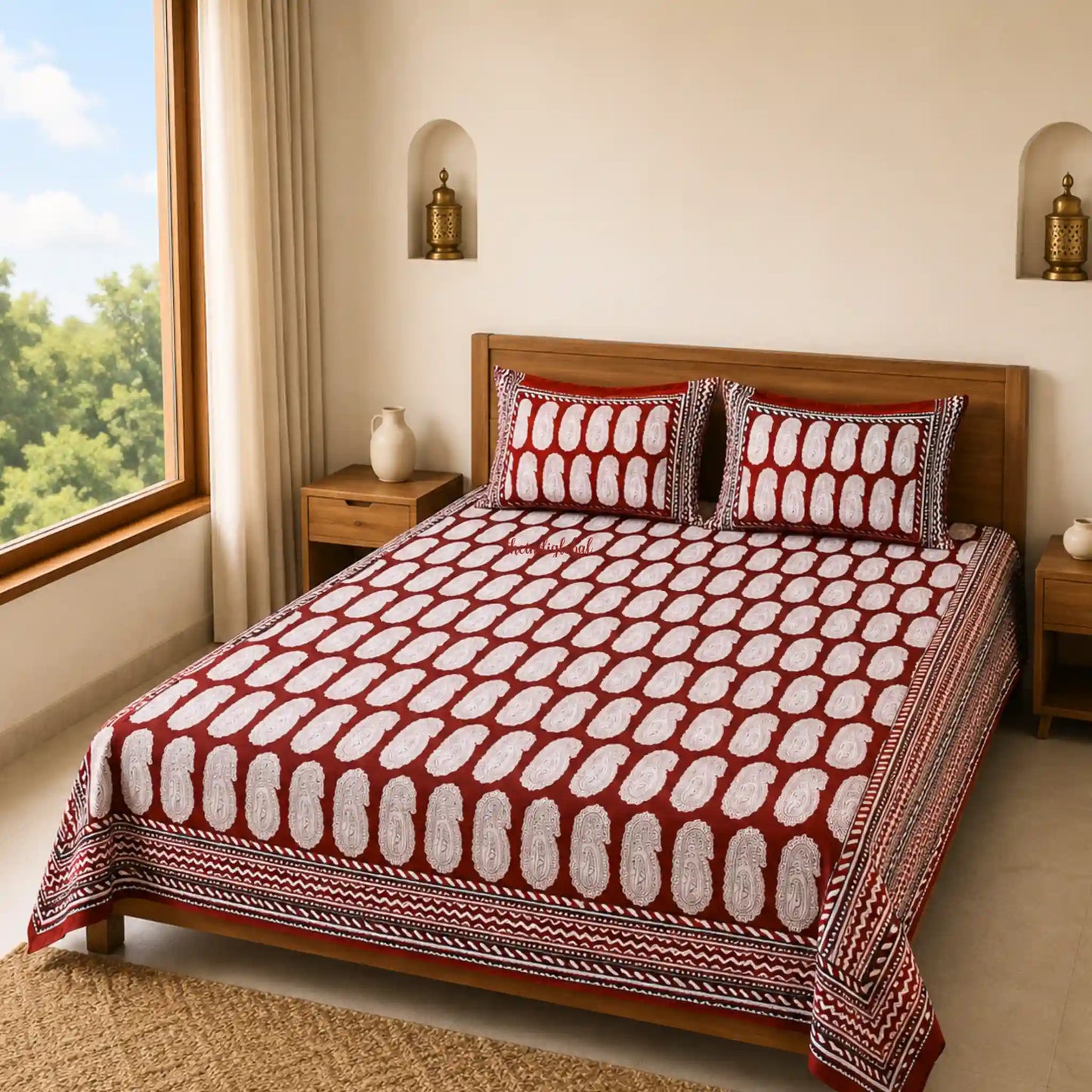 Red_Paisley_Hand_Block_Print_Cotton_Bedsheet_with_Two_Pillow_Covers3