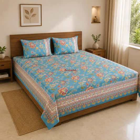Sky_Blue_Hand_Block_Print_Cotton_Bedsheet_with_Two_Pillow_Covers