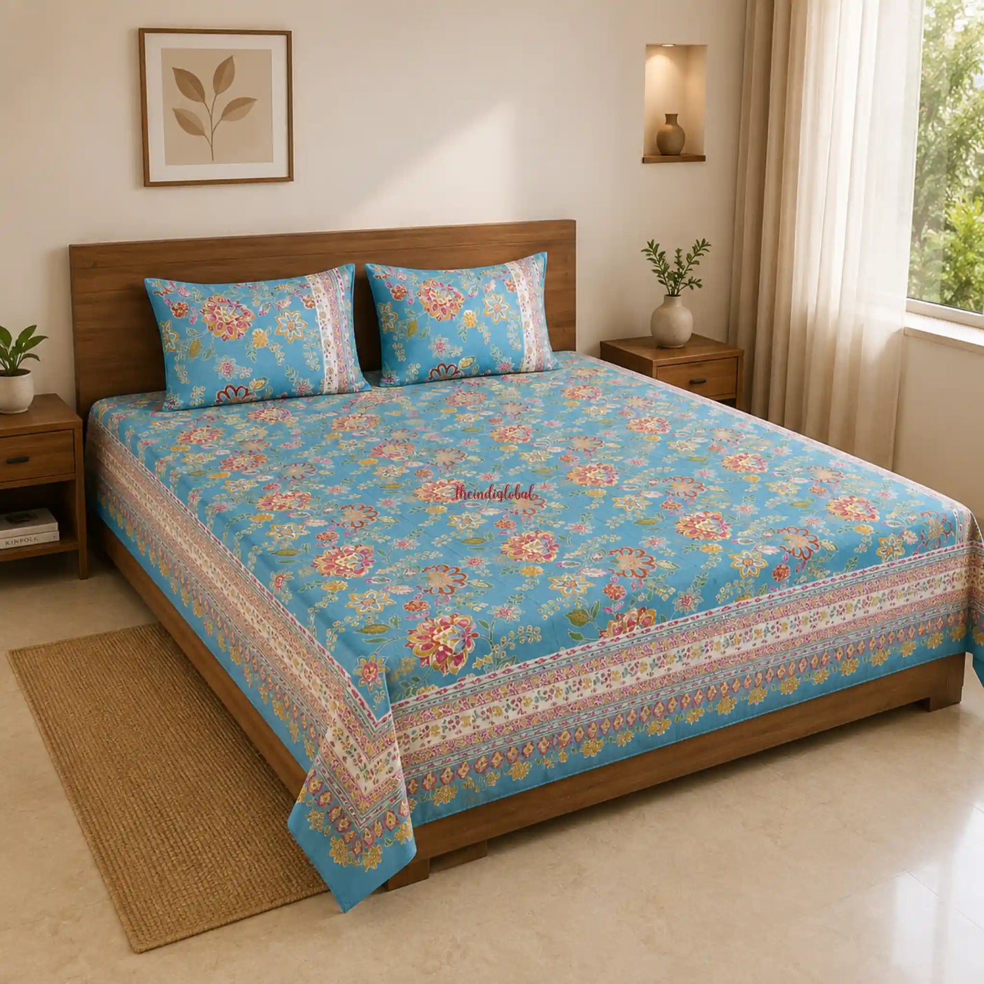Sky_Blue_Hand_Block_Print_Cotton_Bedsheet_with_Two_Pillow_Covers
