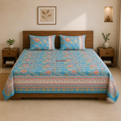 Sky_Blue_Hand_Block_Print_Cotton_Bedsheet_with_Two_Pillow_Covers2
