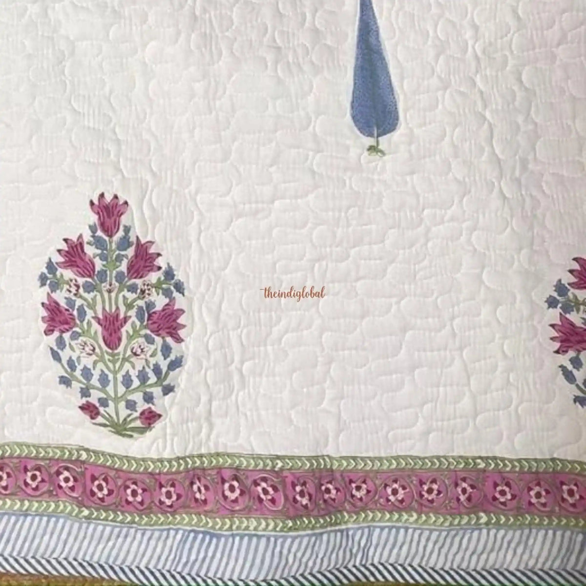 Swara Reversible HandBlock Printed Quilted Cotton Bedcover with Two Pillow Covers Sky Rani Pink 1