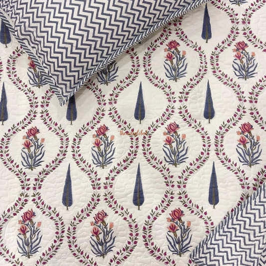 Swara Reversible Hand Block Printed Quilted Cotton Bedcover with Two Pillow Covers Blue