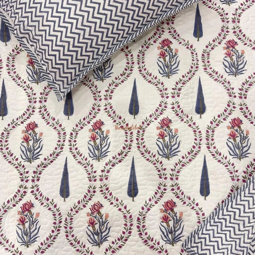 Noor Reversible HandBlock Printed Quilted Cotton Bedcover with Two Pillow Covers blue