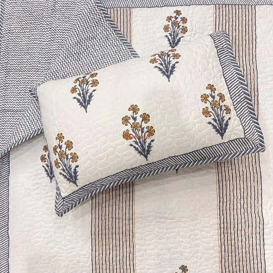 Swara Reversible Hand Block Printed Quilted Cotton Bedcover with Two Pillow Covers Brown