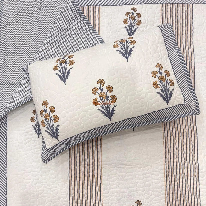 Swara Reversible Hand Block Printed Quilted Cotton Bedcover with Two Pillow Covers Brown