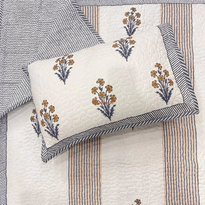 Swara Reversible Hand Block Printed Quilted Cotton Bedcover with Two Pillow Covers Brown