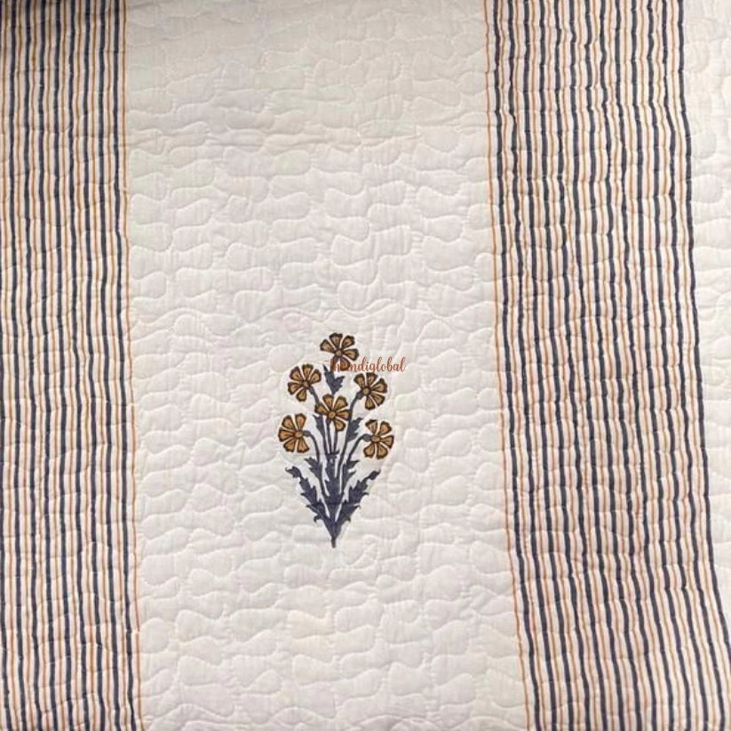 Swara Reversible Hand Block Printed Quilted Cotton Bedcover with Two Pillow Covers Brown