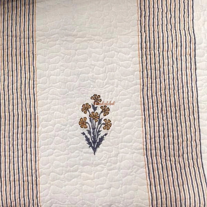 Swara Reversible Hand Block Printed Quilted Cotton Bedcover with Two Pillow Covers Brown