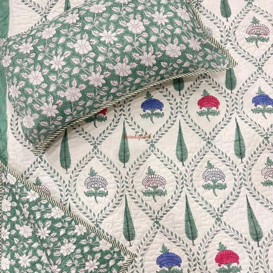 Swara Reversible Hand Block Printed Quilted Cotton Bedcover with Two Pillow Covers Green