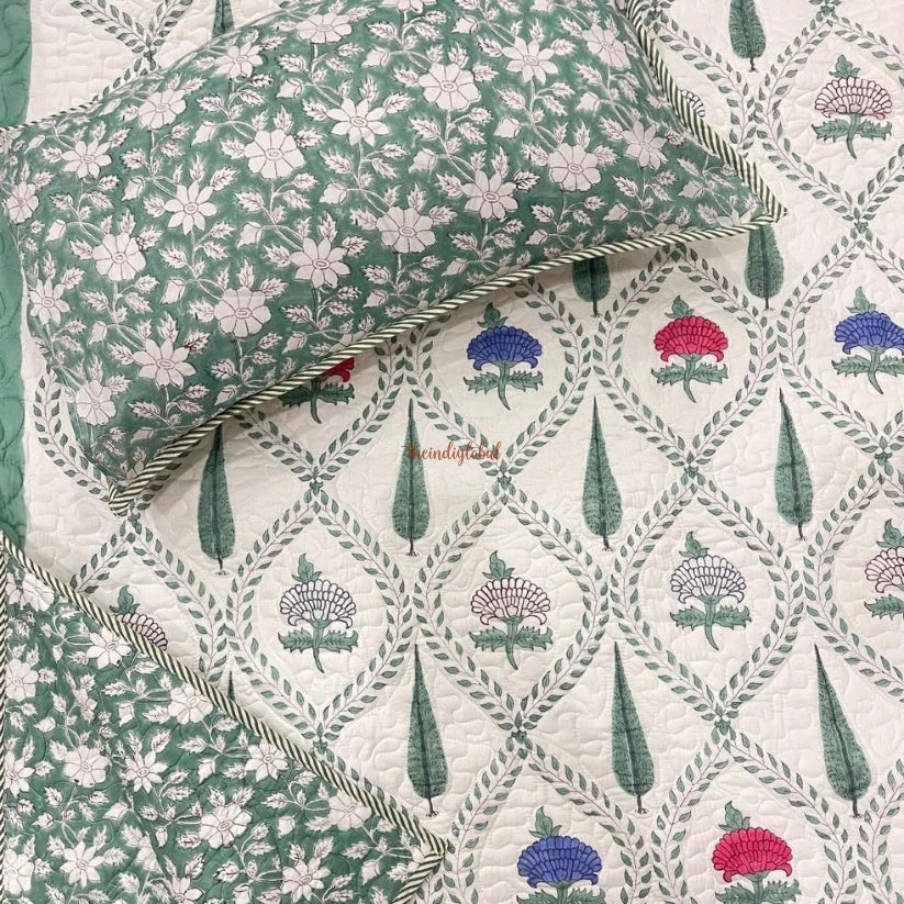 Swara Reversible Hand Block Printed Quilted Cotton Bedcover with Two Pillow Covers Green