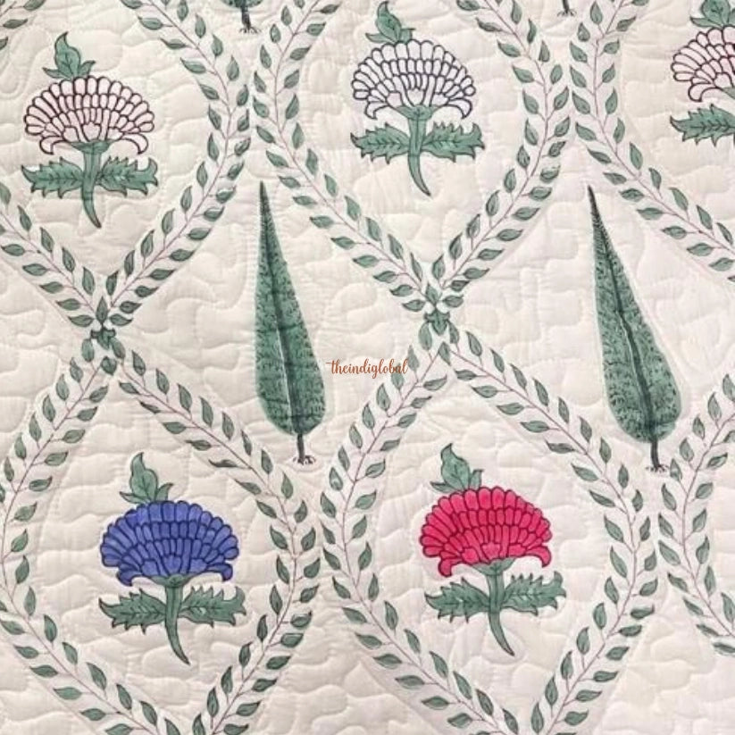 Swara Reversible Hand Block Printed Quilted Cotton Bedcover with Two Pillow Covers Green