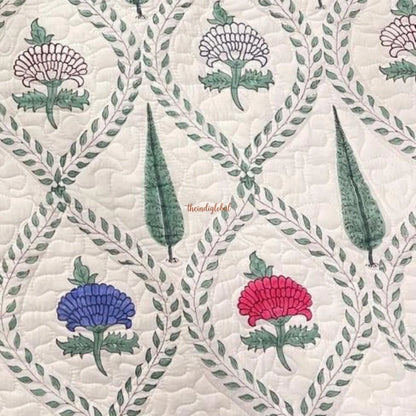 Swara Reversible Hand Block Printed Quilted Cotton Bedcover with Two Pillow Covers Green