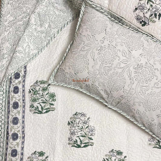 Swara Reversible Hand Block Printed Quilted Cotton Bedcover with Two Pillow Covers Grey