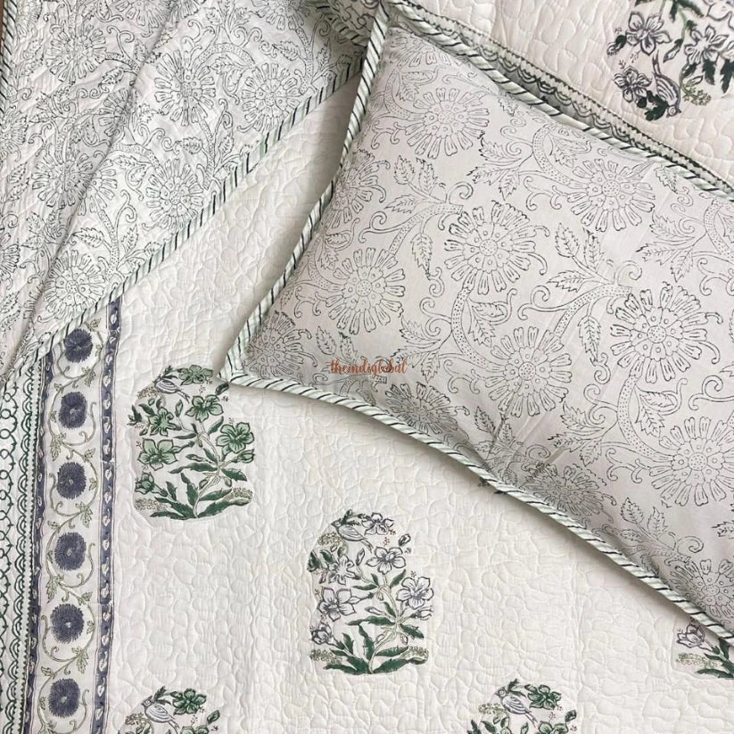 Swara Reversible HandBlock Printed Quilted Cotton Bedcover with Two Pillow Covers grey