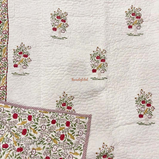 Swara Reversible Hand Block Printed Quilted Cotton Bedcover with Two Pillow Covers Red