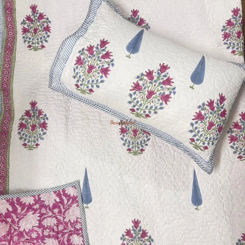 Swara Reversible HandBlock Printed Quilted Cotton Bedcover with Two Pillow Covers sky rani pink