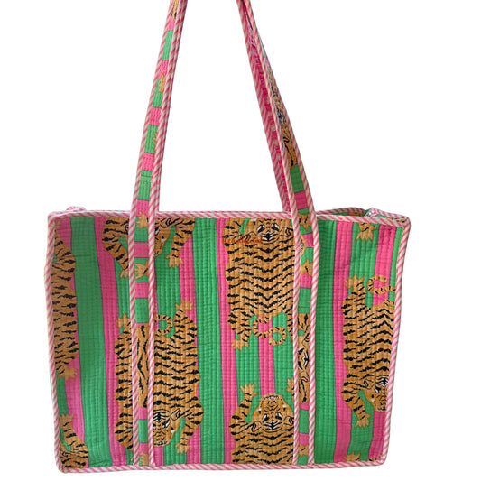 Pink Handblock Printed Big Tote Bag with Zip
