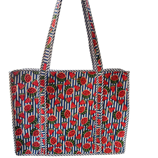 Red Handblock Printed Big Tote Bag with Zip