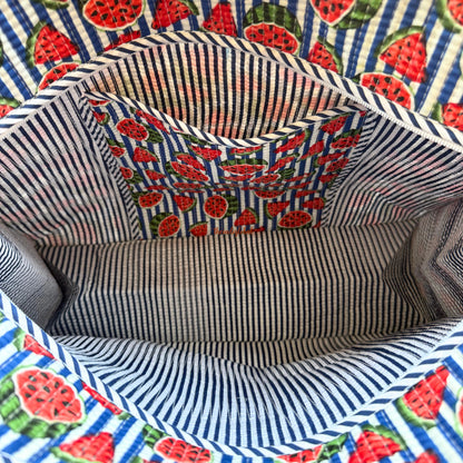 Red Handblock Printed Big Tote Bag with Zip