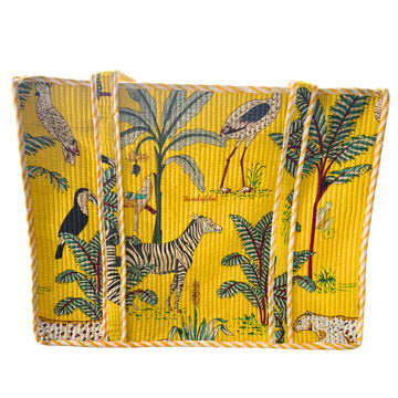 Yellow Handblock Printed Big Tote Bag with Zip