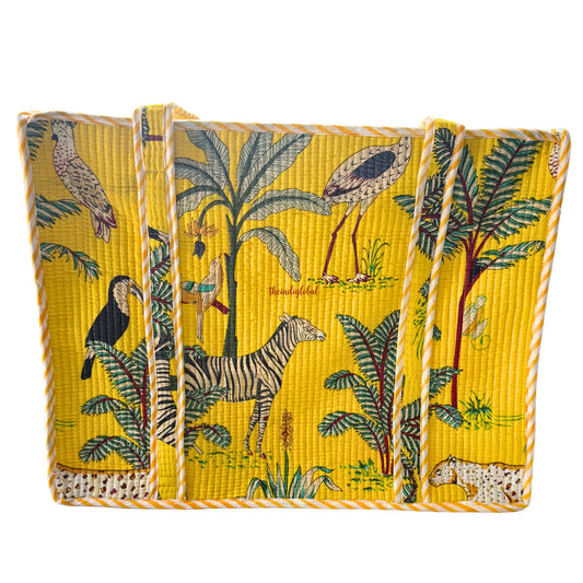 Yellow Handblock Printed Big Tote Bag with Zip