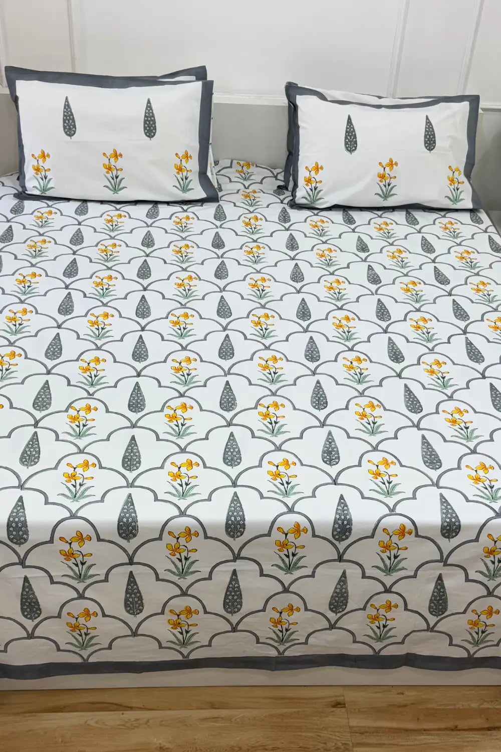 Ramya Hand Block Soft Cotton Bedsheet with 2 Pillow Covers Grey and Yellow
