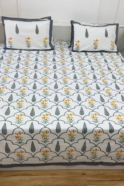 Ramya Hand Block Soft Cotton Bedsheet with 2 Pillow Covers Grey and Yellow
