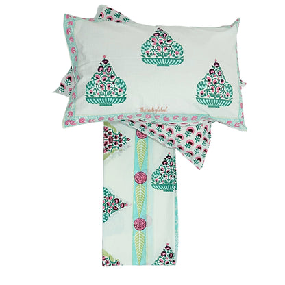 Veda Hand Block Soft Cotton Bedsheet with 2 Pillow Covers Blue