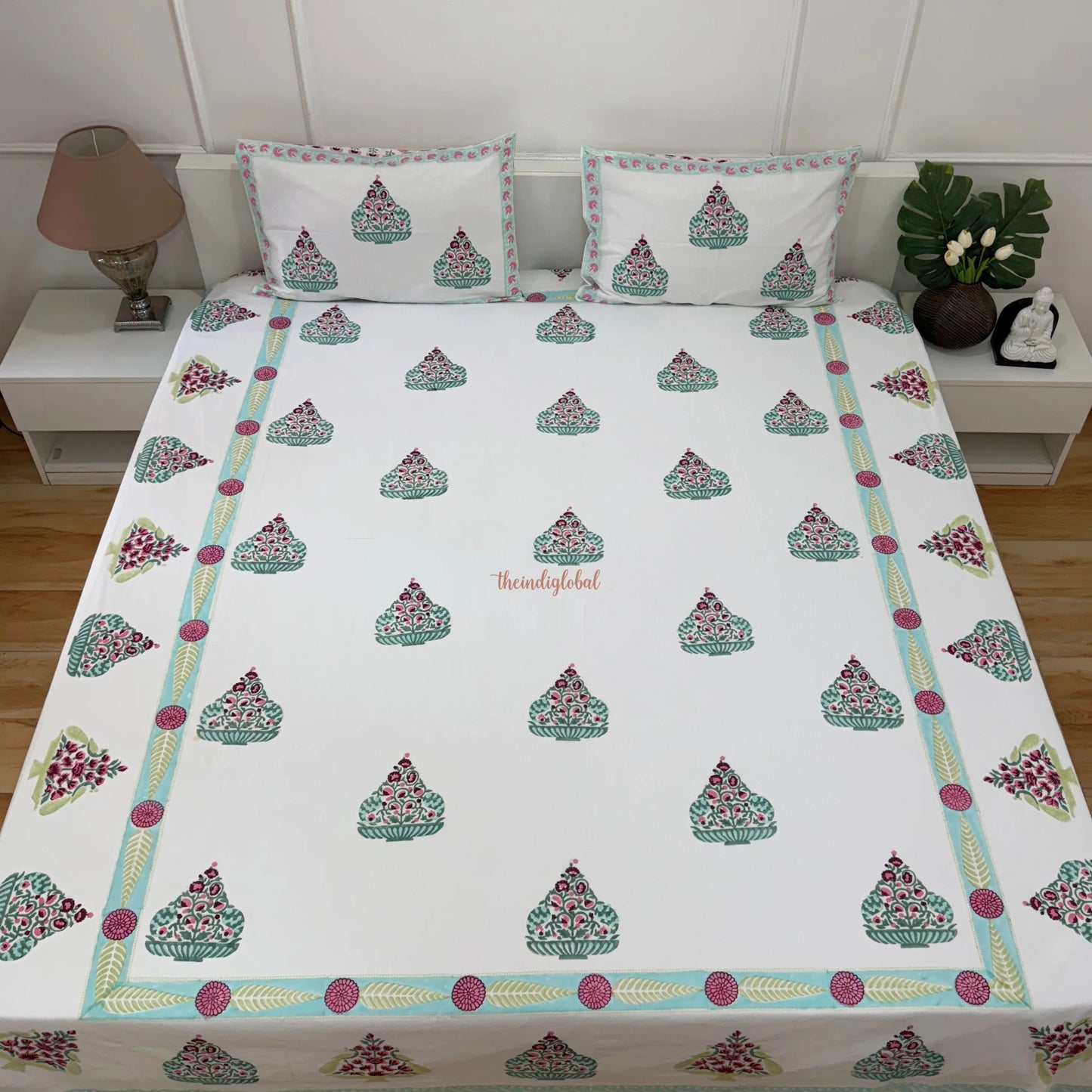Veda Hand Block Soft Cotton Bedsheet with 2 Pillow Covers Blue