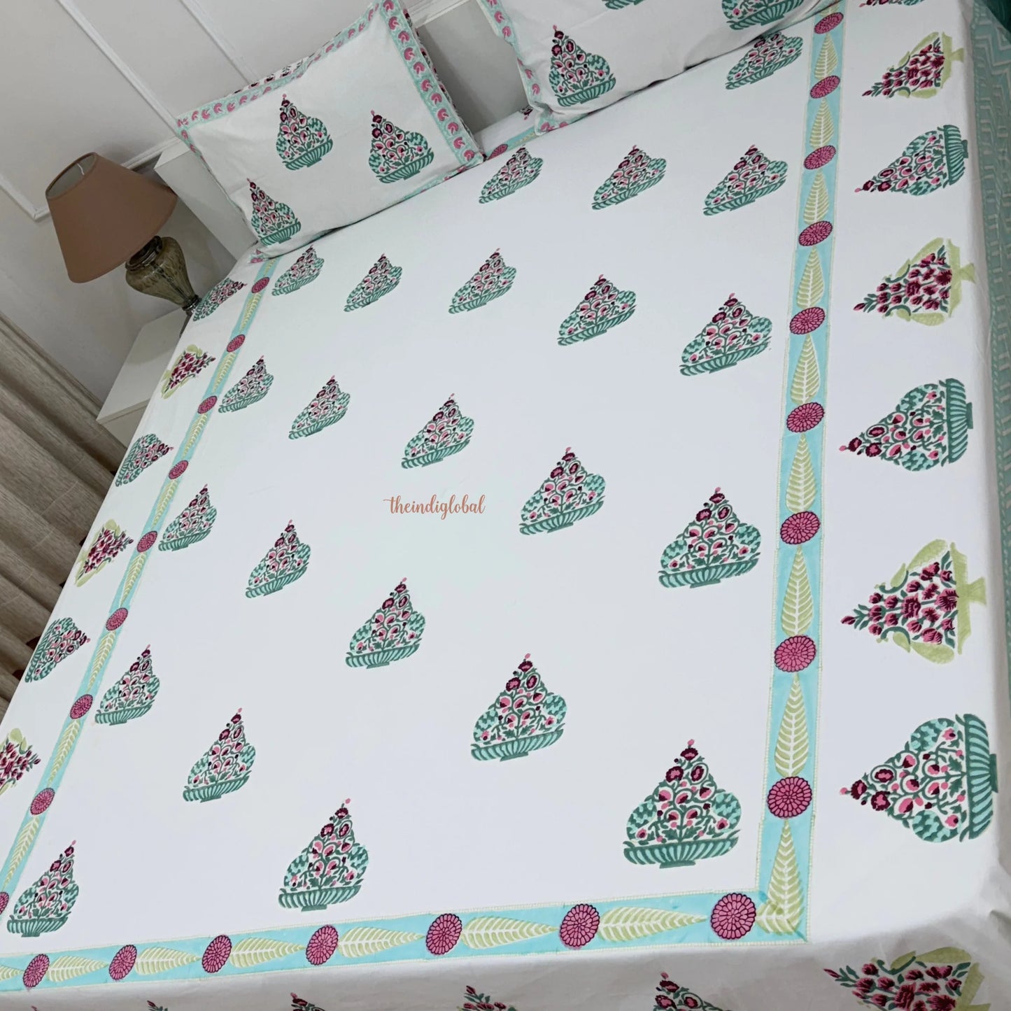 Veda Hand Block Soft Cotton Bedsheet with 2 Pillow Covers Blue