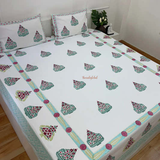 Veda Hand Block Soft Cotton Bedsheet with 2 Pillow Covers Blue