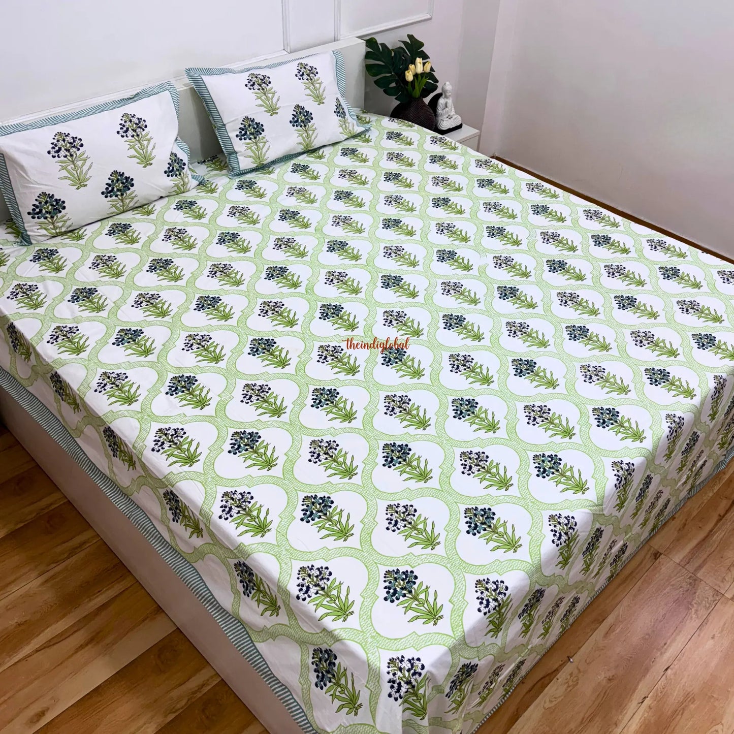 Veda Hand Block Soft Cotton Bedsheet with 2 Pillow Covers Blue green