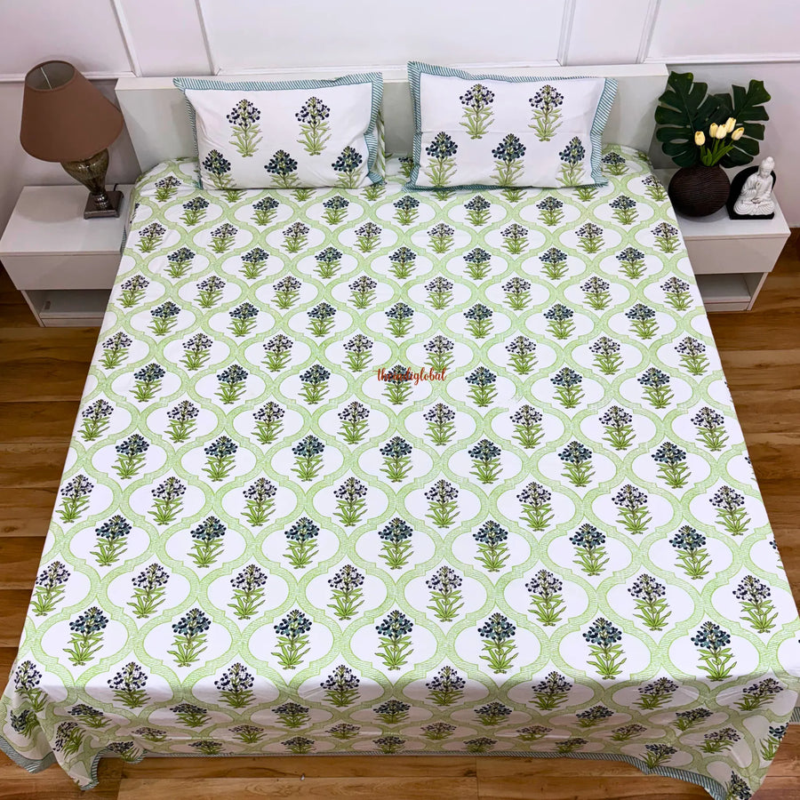 Veda HandBlock Soft Cotton Bedsheet with 2 Pillow Covers Blue Green 2