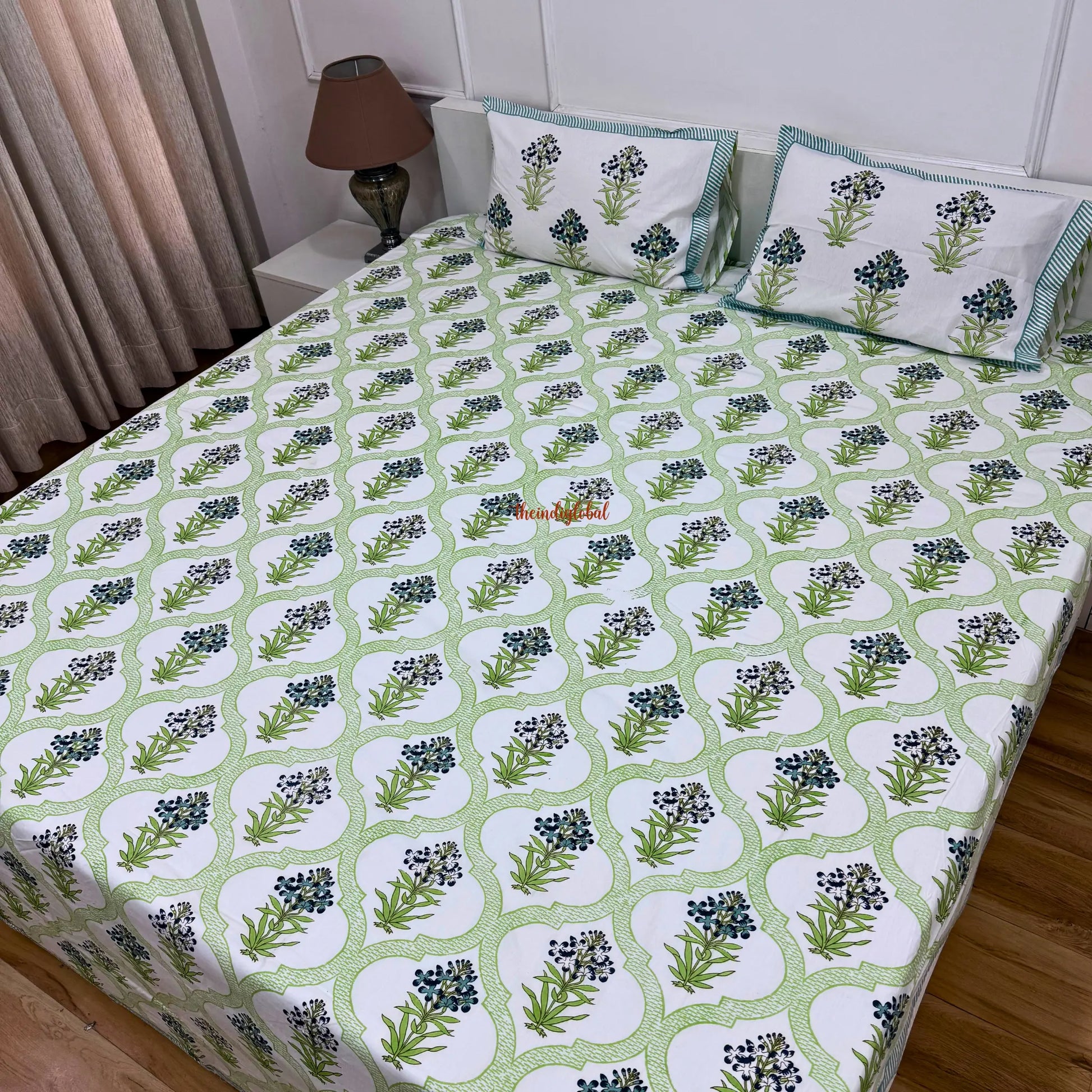 Veda HandBlock Soft Cotton Bedsheet with 2 Pillow Covers Blue Green 3