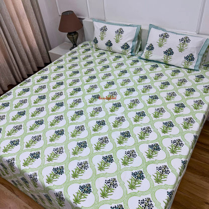 Veda HandBlock Soft Cotton Bedsheet with 2 Pillow Covers Blue Green 3