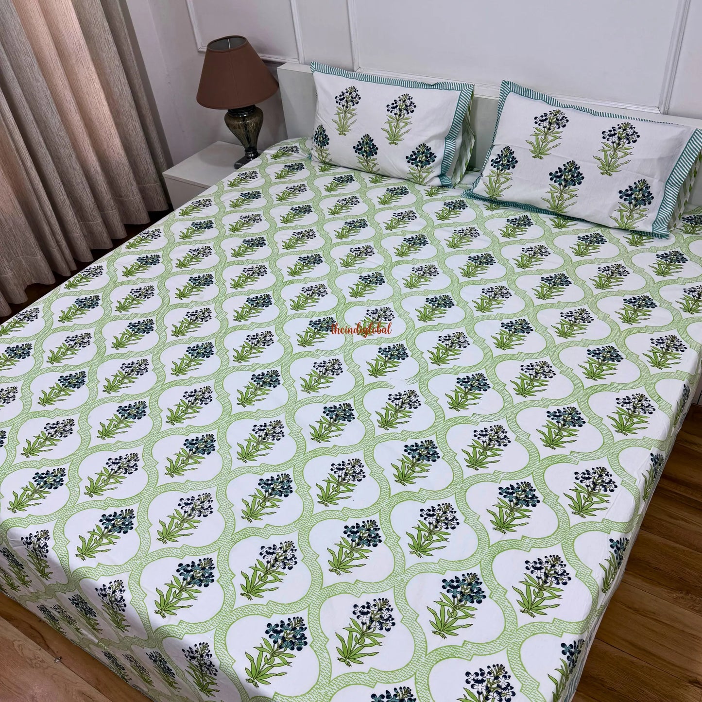 Veda Hand Block Soft Cotton Bedsheet with 2 Pillow Covers Blue green
